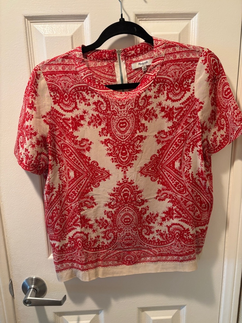 Madewell Red and Cream Paisley Print Short Sleeve Top